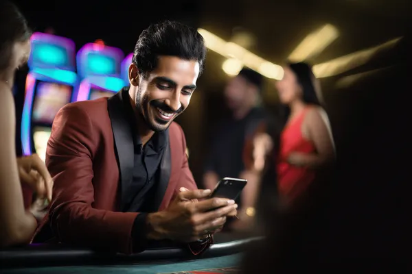 A player using their smartphone during a festive local event, representing YAMANPLUS’s fully mobile-friendly casino.